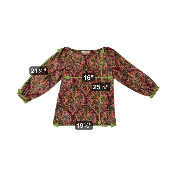 LOFT Paisley Satin Long Sleeve Blouse Boho Colorful Office Festive Red Green XS - Picture 7 of 7